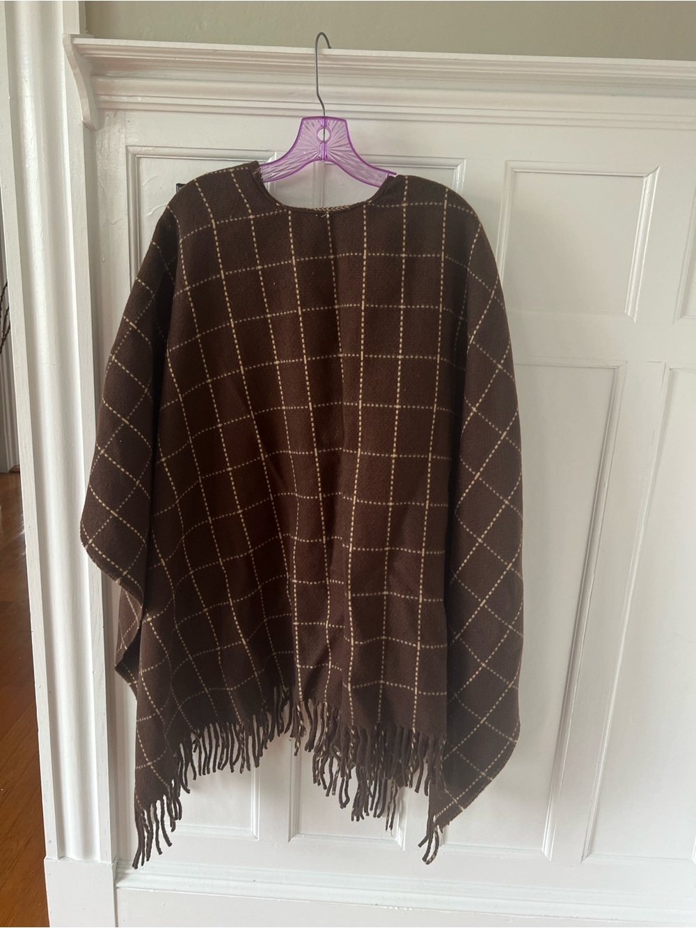 Brown Windowpane Fringe Poncho